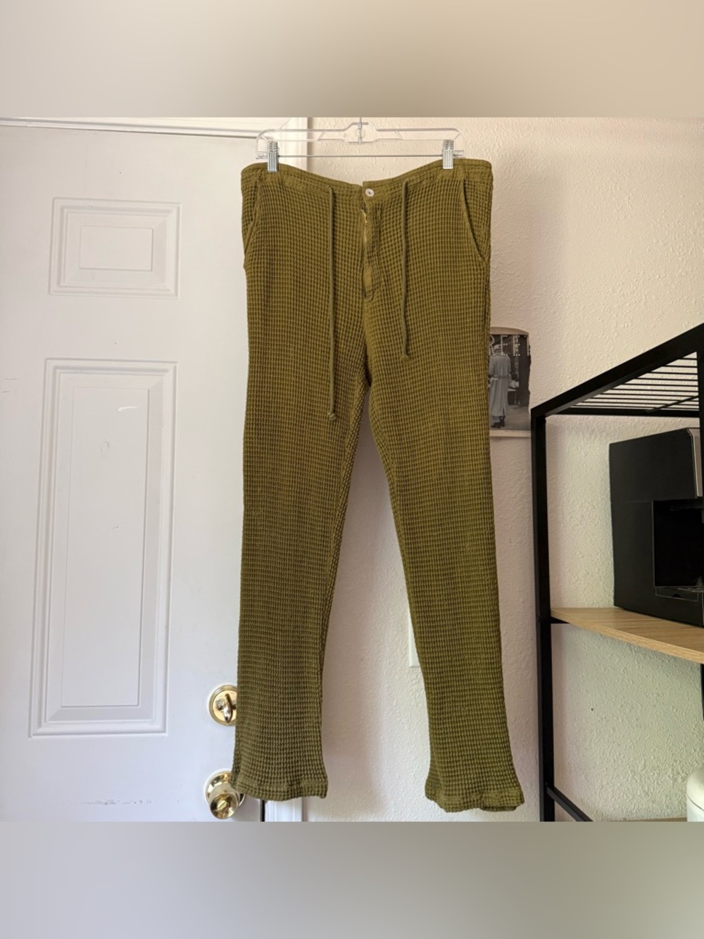 DONNI. Olive army green‎ cotton waffle thermal knit slim leg drawstring pants